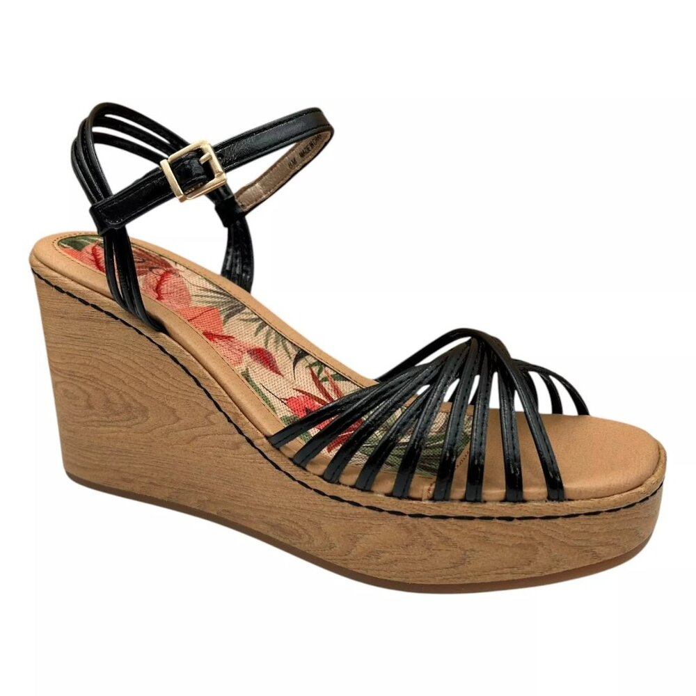 BOC Catalina Women's Platform Wedge Sandal Size 8 Black/Tan Glossy Straps Twist